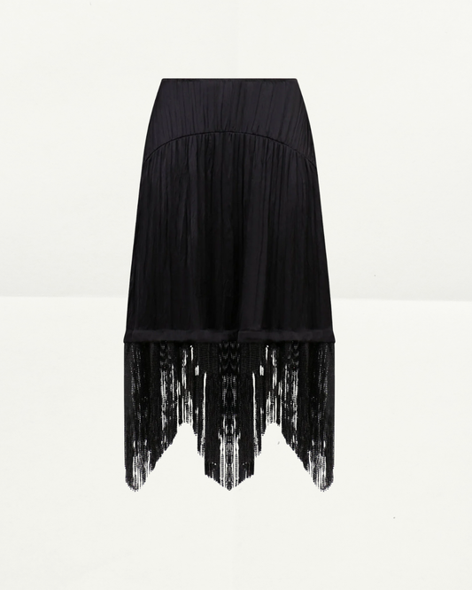 Paco Rabanne Black Silk midi Skirt With Beaded Fringe