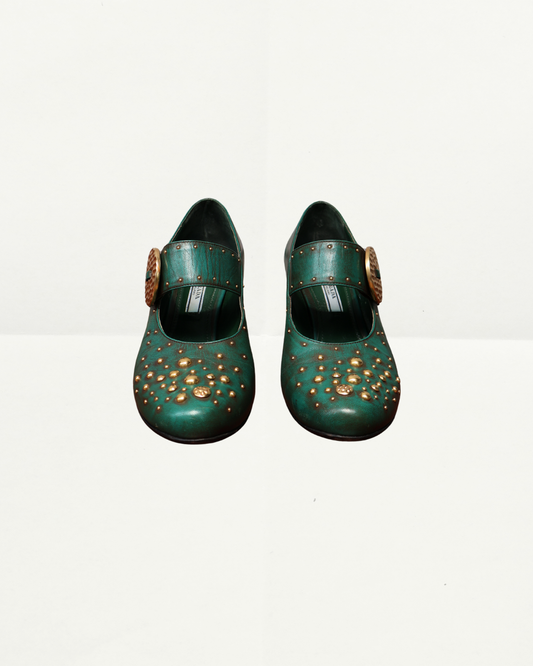 Prada Green Heels with Gold Details